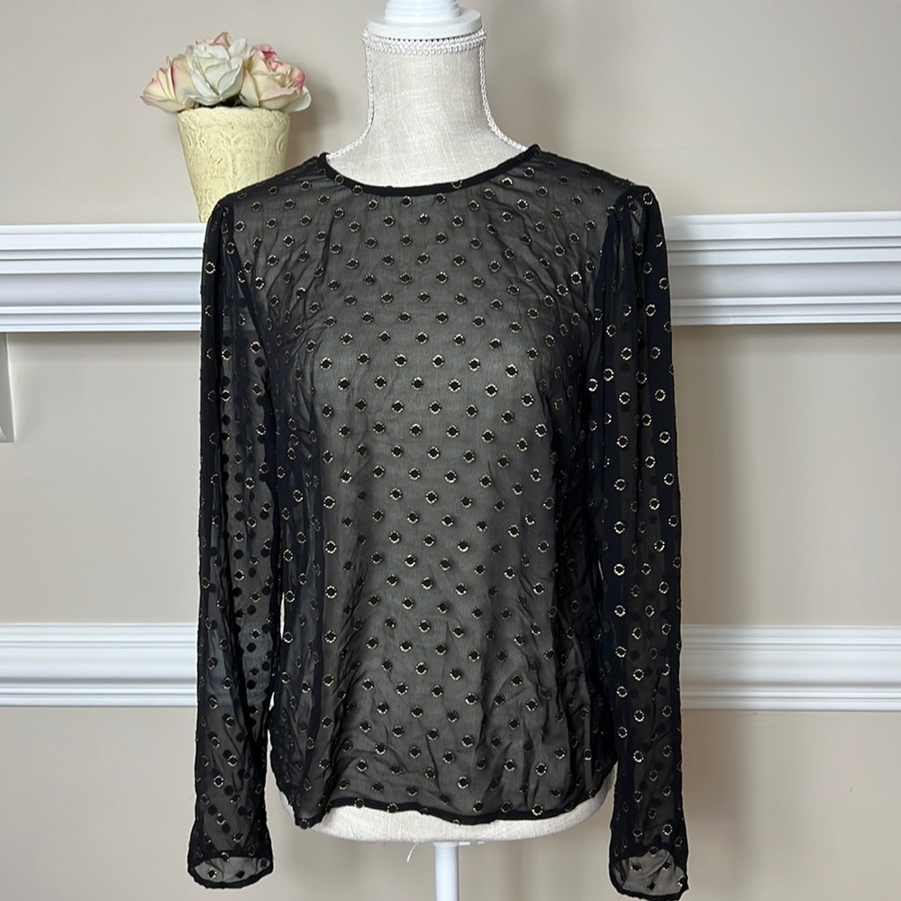 A New Day Black Gold Long Sleeve Top Sheer See Thru XS NWT